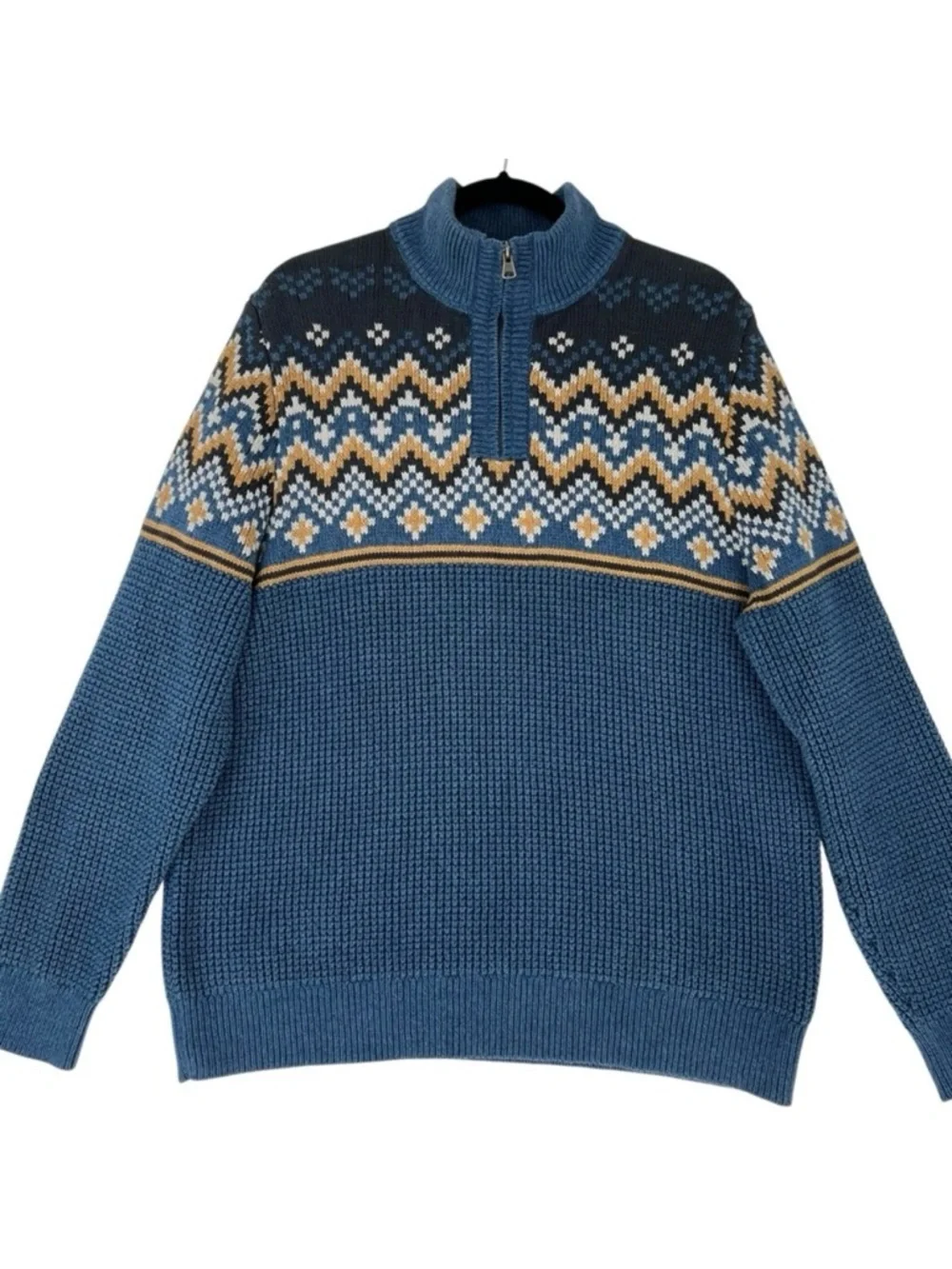 Vintage LL Bean Sweater Fair Isle Waffle 1/4 Zip Pullover Blue Cotton XL Y2K